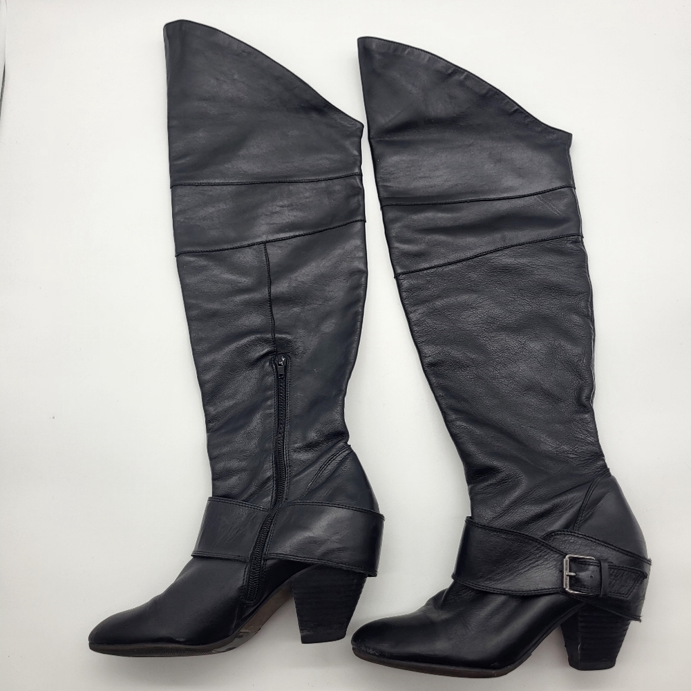 Aldo Black Leather Knee-High Heeled Fall Classic Statement Boots